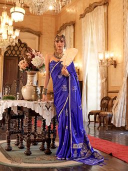 Elora - Navy Blue Tussar Silk Banarasi Woven Design Saree with Unstitched Blouse