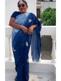 October - Blue Ombré Georgette Tilla Embroidered Saree - Geometrical Flowers