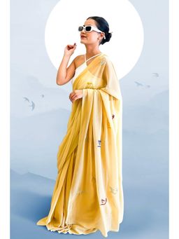 October - Beige Georgette Saree with Embroidered Multicolored Birds - Flying Home