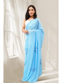 October - Ice Blue Georgette Hand-Painted Saree - Leaves & Bubbles
