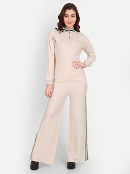 IKI CHIC - White Knitted Color Block Half Zip Sweater with Wide Leg Slit Pants (Set of 2)