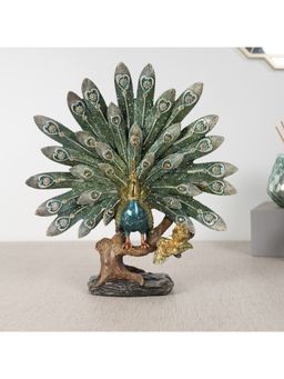 HomeTown - Miraya Decorative Dancing Peacock, Polyresin Hand Finished Figurine Green & Gold