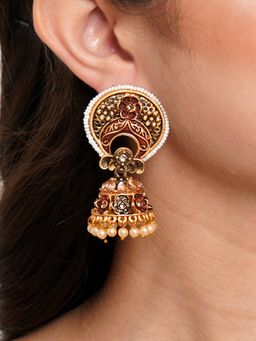 Karatcart - Antique Gold Plated White Beaded Maroon Floral Jhumki Earrings for Women