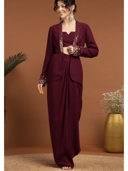 RIRASA - Shrikanta Wine Draped Skirt with Jacket and Blouse