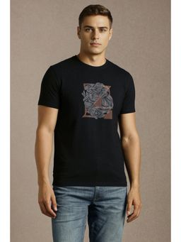 Louis Philippe - Men Black Graphic Print Crew Neck T-shirt