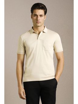 Louis Philippe - Men Beige Solid Polo Neck T-shirt