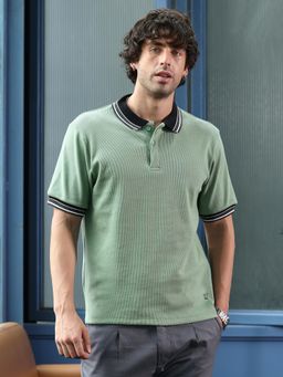 Campus Sutra - Men'S Pistachio Green Contrast-Lined Ribbed Polo T-Shirt
