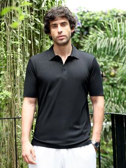 Campus Sutra - Men'S Onyx Black Seamless Ribbed Polo T-Shirt
