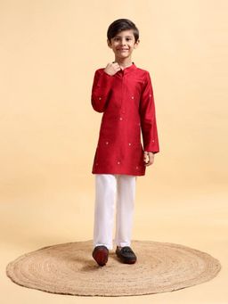 Mera Rang - Elegant Deep Red Embroidered Cotton Silk Kurta and Pyjama Red (Set of 2)