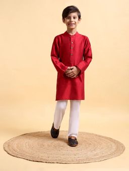Mera Rang - Classic Deep Red Cotton Silk Kurta and Pyjama for Boys Red (Set of 2)