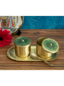 NAKSHIKATHAA - Utsav Brass Green Condiment Jars With Tray And Spoon Peacock