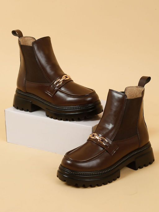 Buy VALIOSAA Brown Gold Chained Casual Chelsea Boots Online