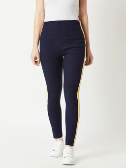 Miss Chase - Navy Blue Solid Regular High Waist Knitted Slim Fit Twill Tape Detailing Jeggings