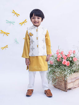 Fayon Kids - Off White Embroidery Nehru Jacket with Mustard Yellow Kurta and Chudidar (Set of 3)