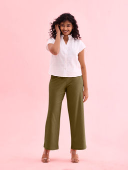 Go Colors - Women Solid Olive Mid Rise Ribbed Palazzos