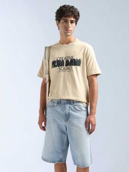 Flying Machine - Men Beige Cotton Relaxed Fit T-Shirt