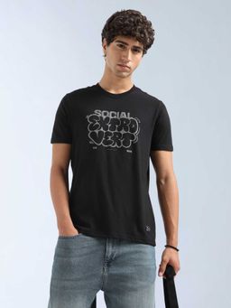 Flying Machine - Men Black Cotton Regular Fit T-Shirt