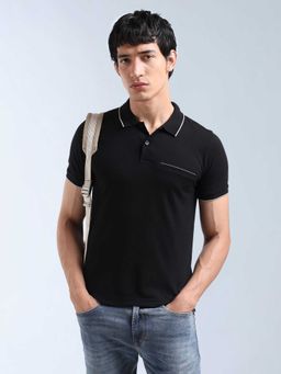 Flying Machine - Men Black Cotton Regular Fit Polo T-Shirt