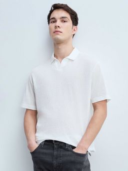 Flying Machine - Men White Cotton Relaxed Fit Polo T-Shirt