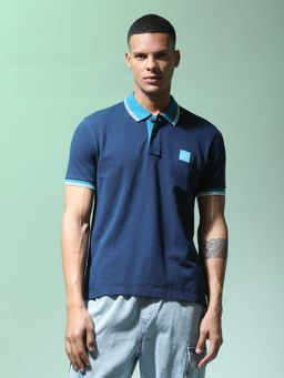 Flying Machine - Men Blue Cotton Regular Fit Polo T-Shirt