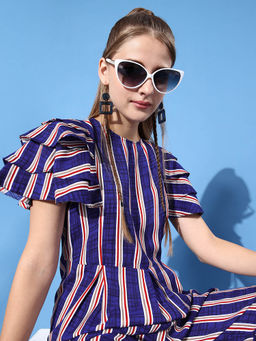 Uptownie - Blue Crepe Striped Ruffle Sleeves Jumpsuit