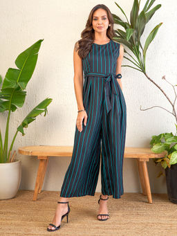 Uptownie - Black Crepe Striped Sleeveless Jumpsuit