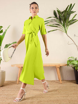 Uptownie - Women Crepe Solid Button Down Shirt Midi Dress with Belt - Neon Green