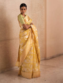 PRIYANKA RAAJIV - Yashica Yellow Silk Organza Banarasi Saree with Unstitched Blouse