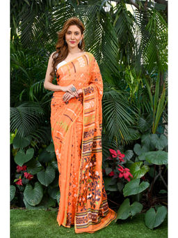 Beatitude - Orange Jacquard Jamdani Cotton Silk Saree with Unstitched Blouse