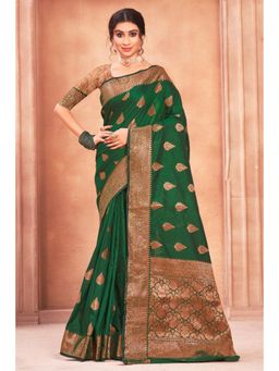 Sangam Prints - Dark Green Cotton Silk Woven Zari Work Traditional Saree with Unstitched Blouse