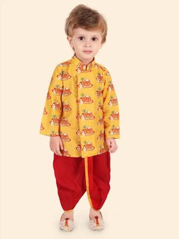 ETHNIKS NEURON - Yellow Printed Sherwani Jacket and Dhoti (Set of 2)