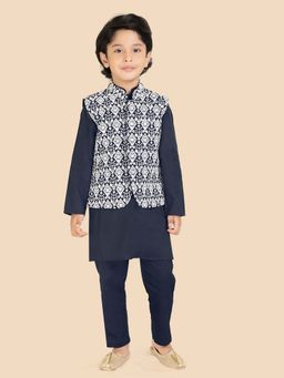 ETHNIKS NEURON - Navy Blue Floral Kurta with Nehru Jacket and Pyajama (Set of 3)