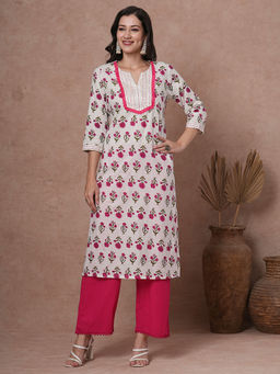 FASHOR - White Floral Kurta