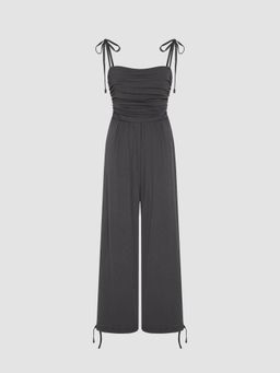 Cider - Square Neck Bowknot Ruched Drawstring Jumpsuit
