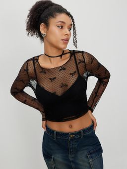 Cider - Mesh Bowknot See-Through Top With V Neck Crop Cami Top (Set of 2)