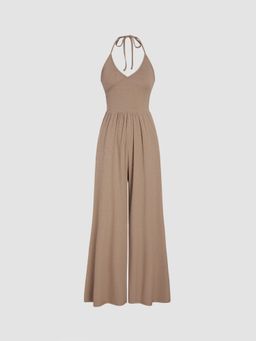 Cider - French Riviera Vacation Halter Neck Solid Wrap Wide Leg Jumpsuit