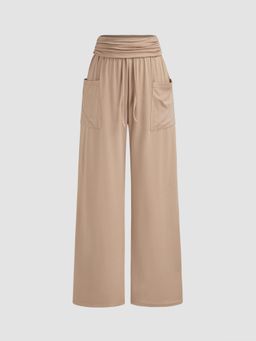 Cider - French Riviera Vacation Mid Rise Solid Ruched Pocket Wide Leg Trousers