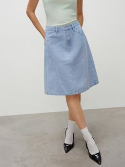 Cider - Santorini Beach Vacation Denim Mid Waist Solid Midi Skirt