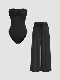 Cider - Strapless Solid Bodysuit And Drawstring Wide Leg Trousers (Set of 2)