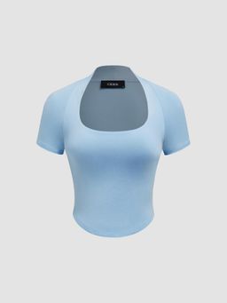 Cider - Square Neck Solid Short Sleeve Crop Top