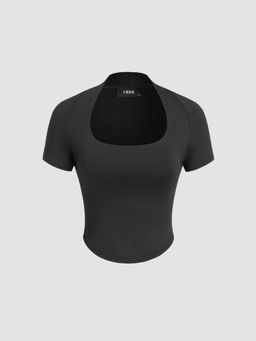 Cider - Square Neck Solid Short Sleeve Crop Top