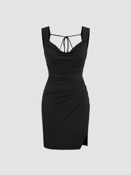 Cider - Cowl Neck Tie Back Split Mini Dress