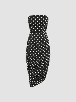 Cider - Spot Asymmetrical Hem Ruched Tube Midi Dress