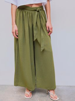 Cider - Miami Sunset Vacation Linen-Blend High Rise Bowknot Shirred Wide Leg Trousers