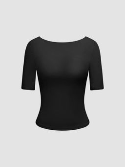 Cider - High Stretch Double Layered Boat Neck Solid Backless Short Sleeve Top