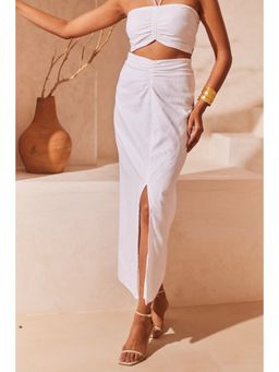 Urban Suburban - White Ruched Linen Midi Skirt