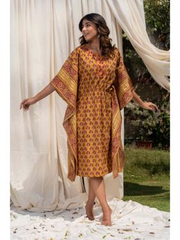 NAVYAS FASHION - Golden Mustard Block Print Cotton Kaftan