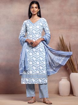 Indya - Powder Blue Floral Jaal Print Cotton Kurta with Pants and Dupatta (Set of 3)