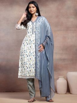 Indya - Ivory Floral Print Chanderi Kurta with Pants and Contrast Dupatta (Set of 3)