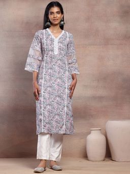 Indya - Light Pink V-Neck Floral Print Cotton Kurta